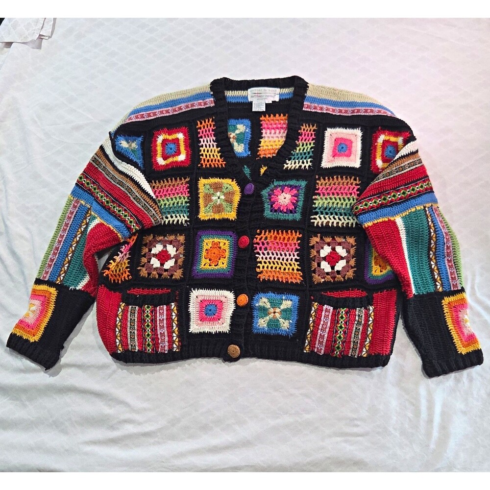 VTG Jennifer Reed Hand Knit Cottagecore Granny Square Patchwork Cardigan S